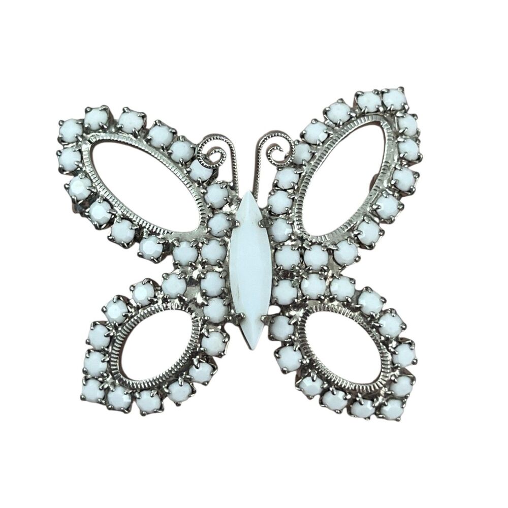 Vintage 1950s Milk Glass Butterfly Brooch Silver Tone Mid Century Pin - 3P